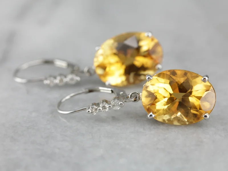 Ladies earrings social media trends-Large Citrine and Diamond White Gold Drop Earrings