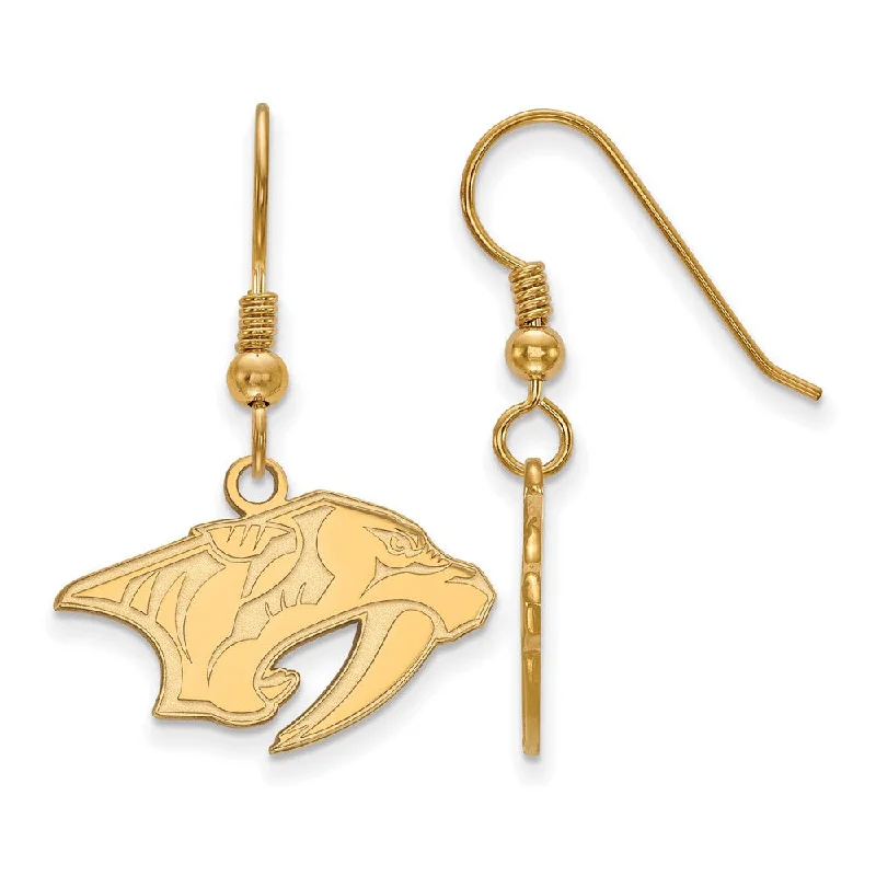 Ladies earrings engraved details-SS 14k Yellow Gold Plated NHL Nashville Predators SM Dangle Earrings