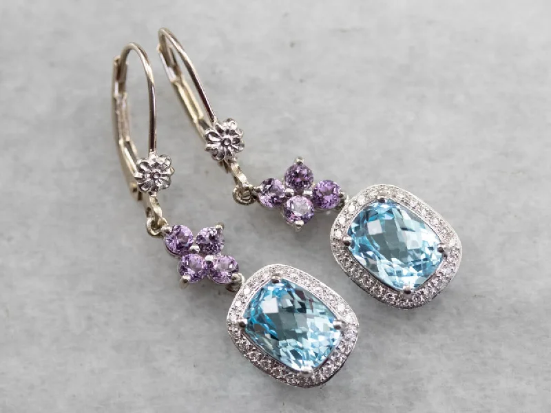 Ladies earrings gold-plated-Blue Topaz Amethyst and Diamond Drop Earrings