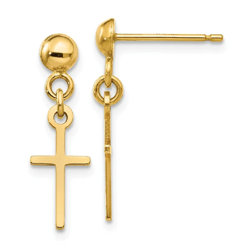 Ladies earrings white gold-Small Polished Latin Cross Dangle Post Earrings in 14k Yellow Gold