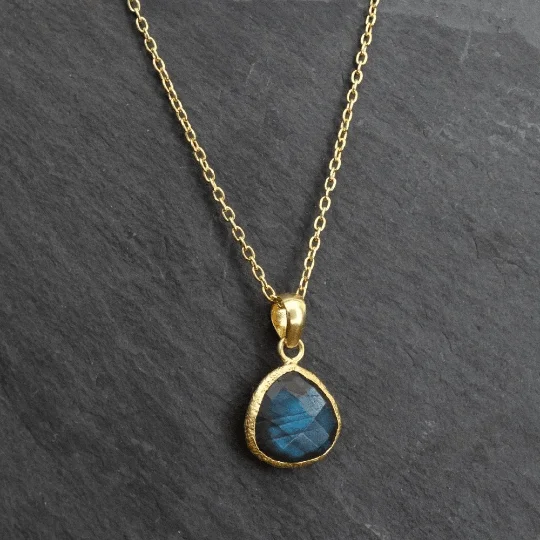 Ladies necklaces white gold-Gold Textured Labradorite Teardrop Pendant Necklace