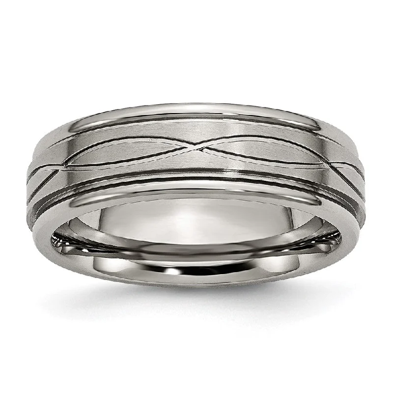 Ladies rings sentimental value-7mm Titanium Crisscross Design Grooved Edge Standard Fit Band