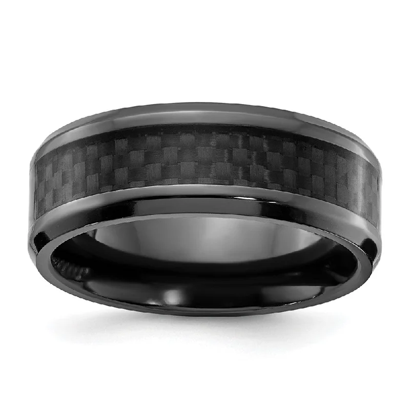 Ladies rings proposal gifts-8mm Black Zirconium & Black Carbon Fiber Beveled Standard Fit Band