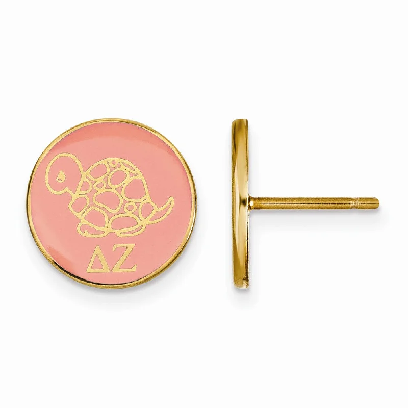 Ladies earrings ethnic patterns-14K Plated Silver Delta Zeta Pink Enamel Turtle Disc Post Earrings