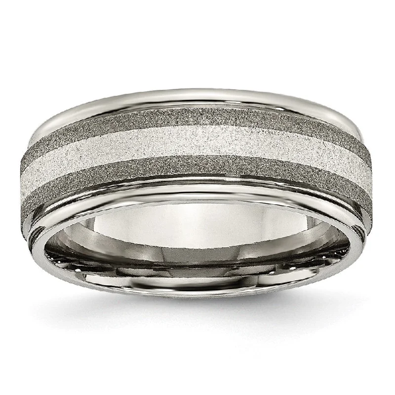 Ladies rings sapphire stones-Mens 8mm Titanium Sterling Silver Inlay Stone Finish Grooved Edge Band