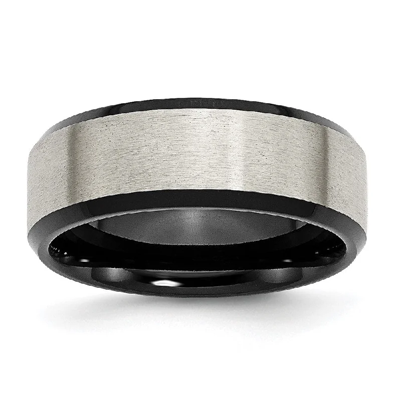 Ladies rings standout pieces-8mm Titanium Brushed & Black Plated Beveled Edge Comfort Fit Band