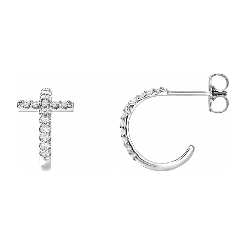 Ladies earrings hypoallergenic-14K White or Yellow Gold 1/4 CTW Diamond Cross J Hoop Earrings, 9x12mm