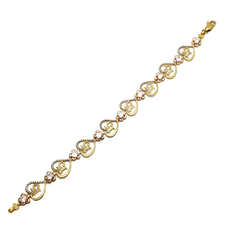 Ladies bracelets fashion trends-Tricolor Heart 15 Quinceñeara Bracelet (14K)