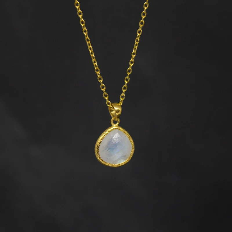 Ladies necklaces minimalist looks-Gold Textured Teardrop Rainbow Moonstone Necklace