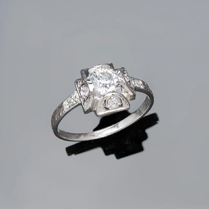 Ladies wedding rings lab-grown gems-Art Deco 18K Diamond Engagement Ring 0.65ct