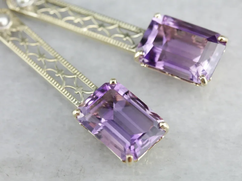 Ladies earrings e-commerce finds-Amethyst and Pearl Filigree Drop Earrings