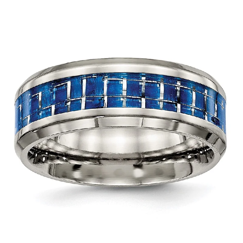 Ladies rings sapphire stones-Mens 8mm Titanium Blue/White Carbon Fiber Beveled Comfort Fit Band