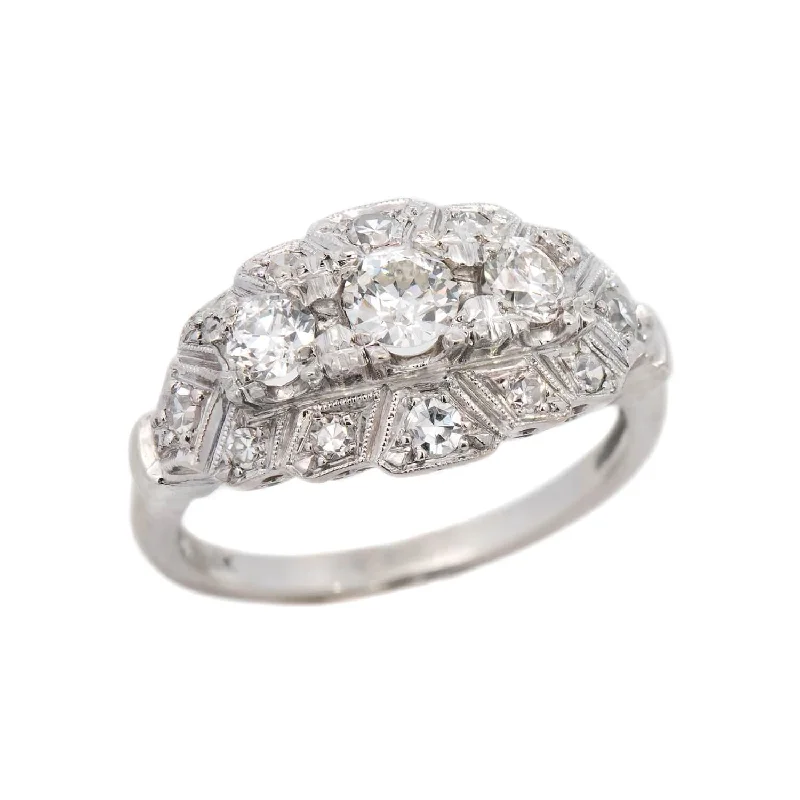 Ladies wedding rings celebrity looks-Art Deco 14k Diamond Three Stone Engagement Ring