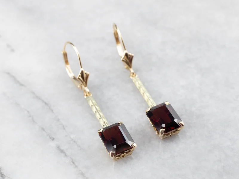 Ladies earrings one-of-a-kind-Emerald Cut Garnet Gold Bar Drop Earrings