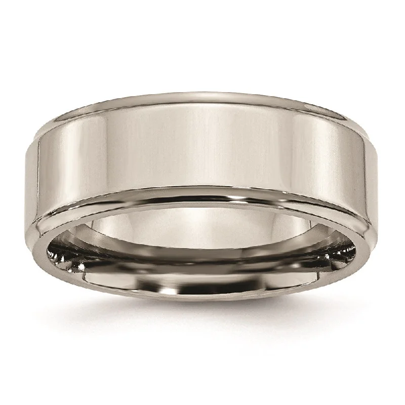 Ladies rings standout pieces-8mm Titanium Polished Flat & Ridged Edge Standard Fit Band