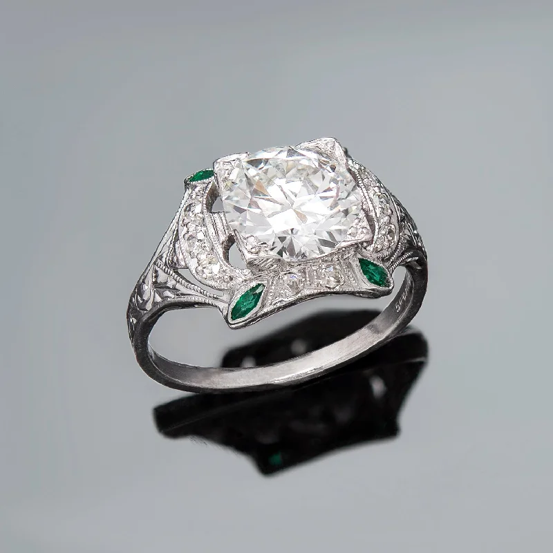 Ladies wedding rings buying guide-Art Deco Platinum Diamond + Emerald Engagement Ring 1.78ct