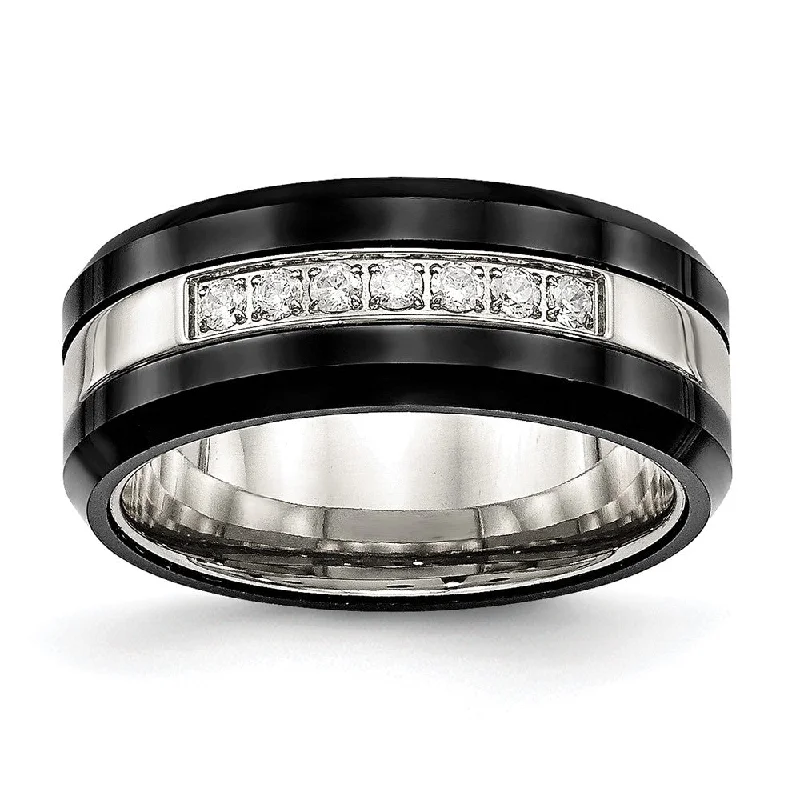 Ladies rings viral picks-8mm Stainless Steel, Black Ceramic & CZ Beveled Comfort Fit Band