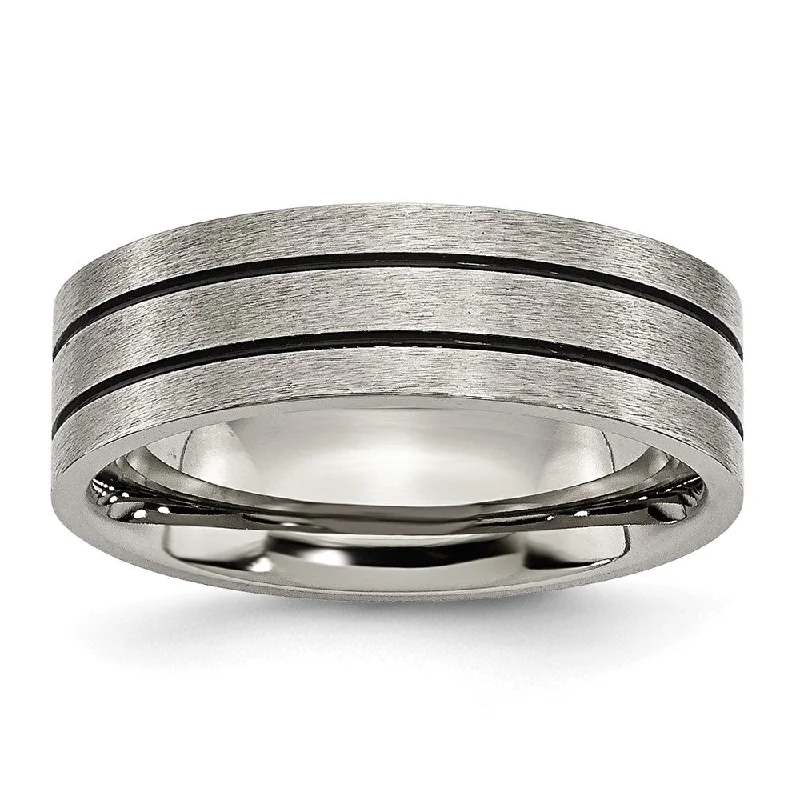 Ladies rings geometric shapes-7mm Titanium & Black Enamel Brushed Grooved Flat Standard Fit Band