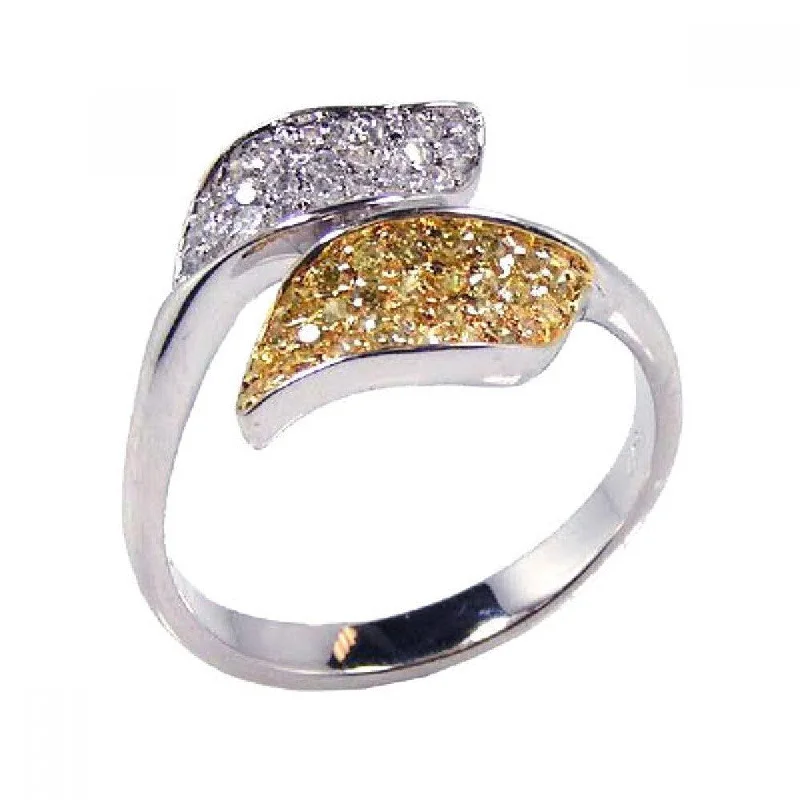 Ladies rings care tips-Silver 925 Rhodium and Gold Plated Yellow and Clear CZ Leaf Ring - BGR00085