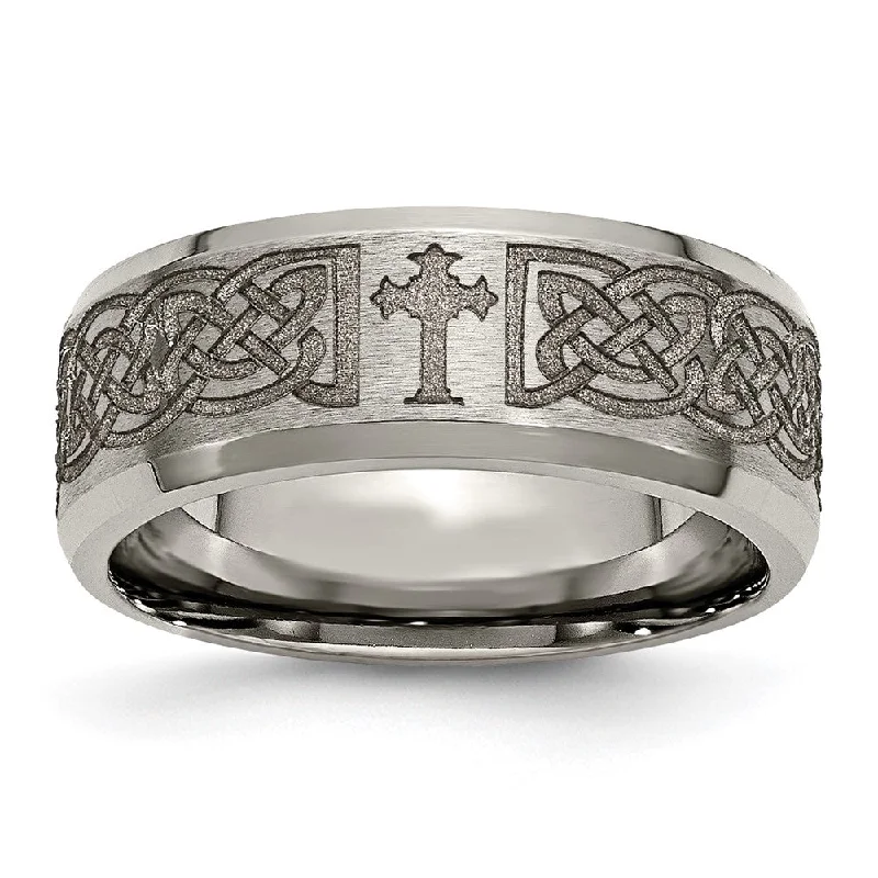 Ladies rings online shopping-8mm Titanium Lasered Celtic Cross Beveled Edge Standard Fit Band