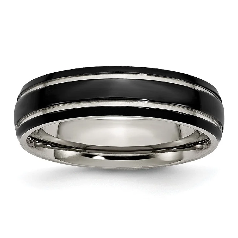 Ladies rings sister sets-6mm Titanium Polished & Black Plated Grooved Standard Fit Band