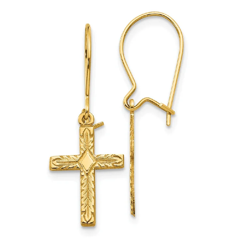 Ladies earrings sterling silver-13mm Textured Cross Dangle Earrings in 14k Yellow Gold