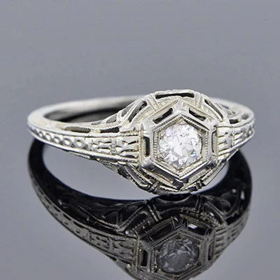 Ladies wedding rings delicate bands-Art Deco 18kt Diamond Engagement Ring .28ct