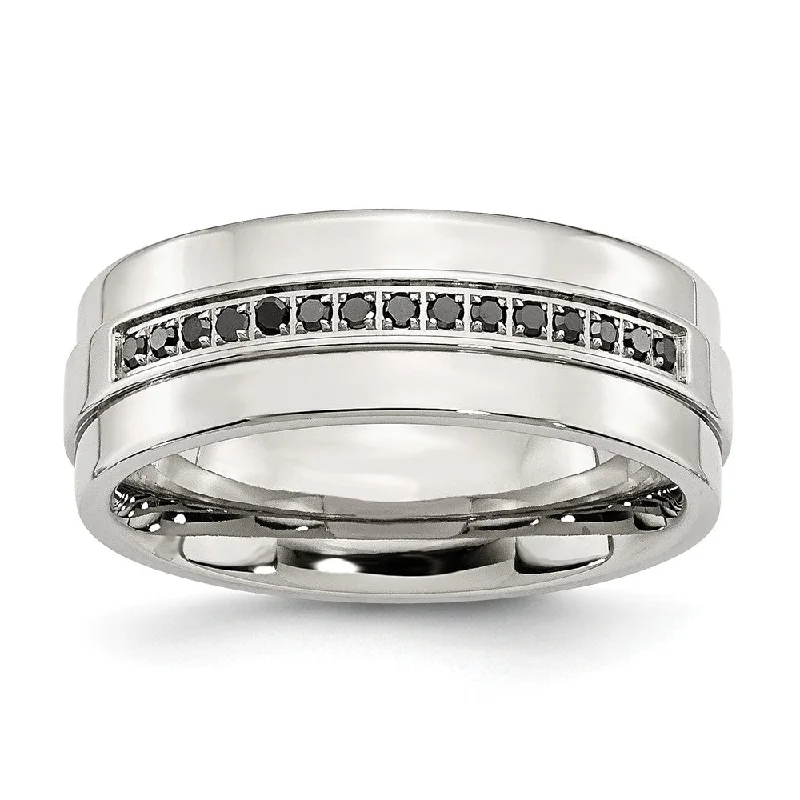 Ladies rings size guide-8mm Stainless Steel & 1/6 Ctw Blk Diamond Ridged Edge Comfort Fit Band