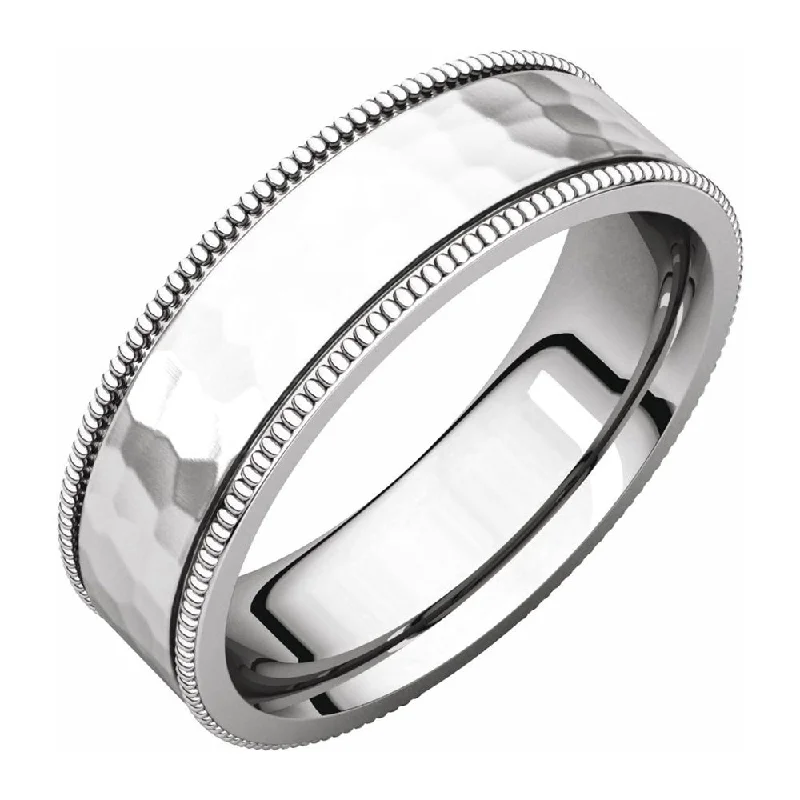 Ladies rings stylish trends-6mm Platinum Milgrain Hammered Flat Comfort Fit Band