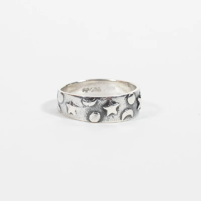 Ladies rings jade accents-Silver Stamped Moon & Star Ring