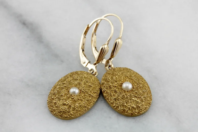 Ladies earrings synthetic jewels-Brushed Gold: High Karat Cufflink Conversion, Textured Gold & Pearl Drop Earrings