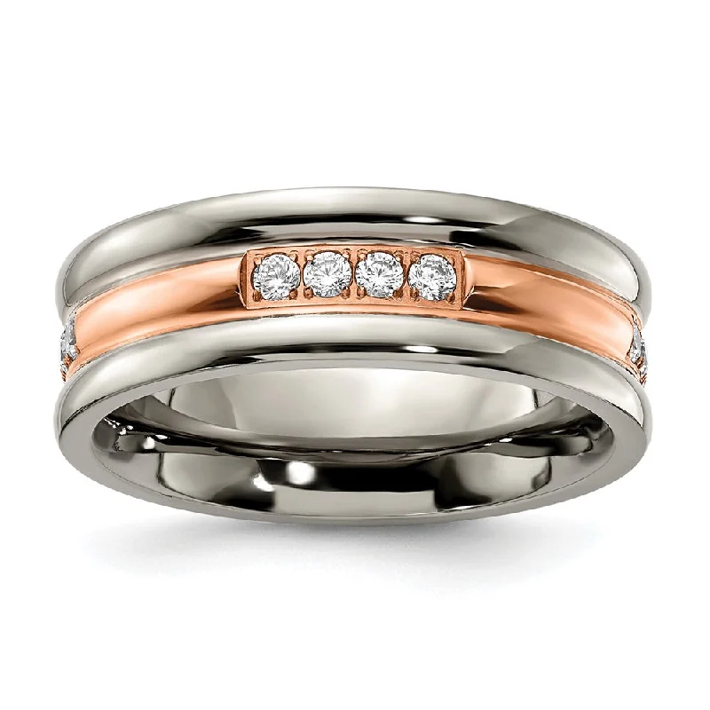 Ladies rings natural stones-7mm Titanium, Rose Tone Plated, & CZ Grooved Standard Fit Band