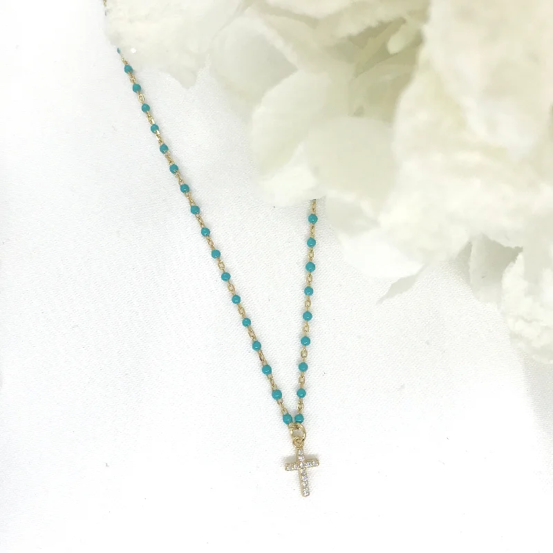 Ladies necklaces youthful flair-18k/925 Vermeil Turquoise Enamel CZ Cross Necklace