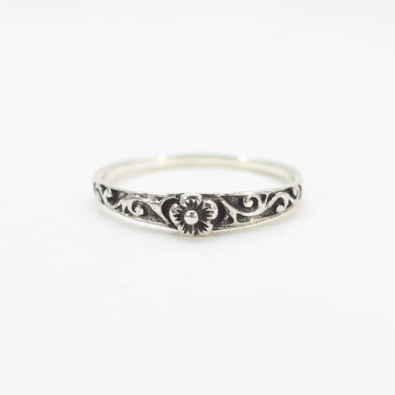 Ladies rings customer feedback-Thin Silver Flower Stack Ring