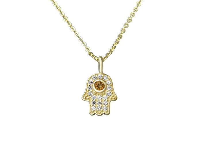 Ladies necklaces collectible pieces-18ct Gold Vermeil Hamsa Pendant Necklace with Cubic Zirconia Detail