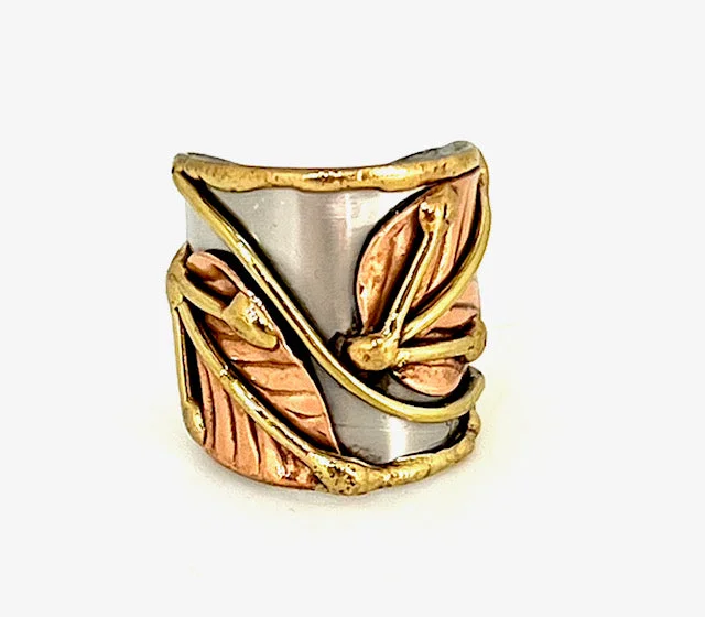 Ladies rings European flair-Multi Metal Adjustable Artisan Ring - Leaves