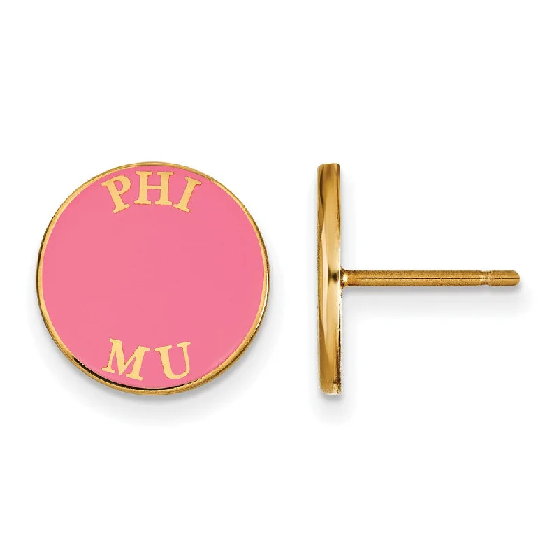 Ladies earrings friendship pairs-14K Plated Silver Phi Mu Enamel Disc Post Earrings