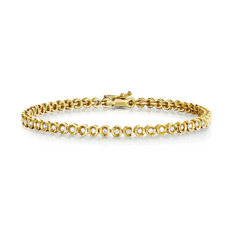 Ladies bracelets ethnic patterns-18ct Yellow Gold Round Brilliant Cut Diamond Tennis Bracelet In A Rub Over Setting