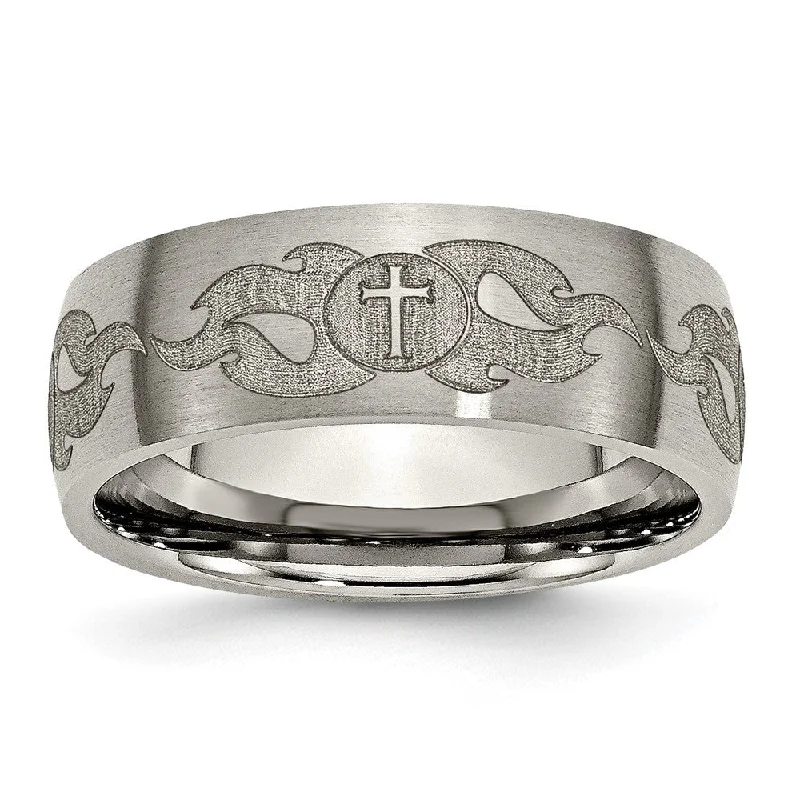 Ladies rings sister sets-8mm Titanium Etched/Brushed Cross & Flames Domed Standard Fit Band