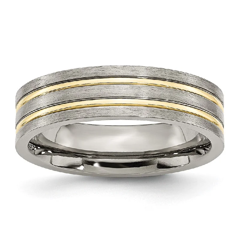 Ladies rings online shopping-6mm Titanium Gold Tone Plated Grooved Flat Standard Fit Band