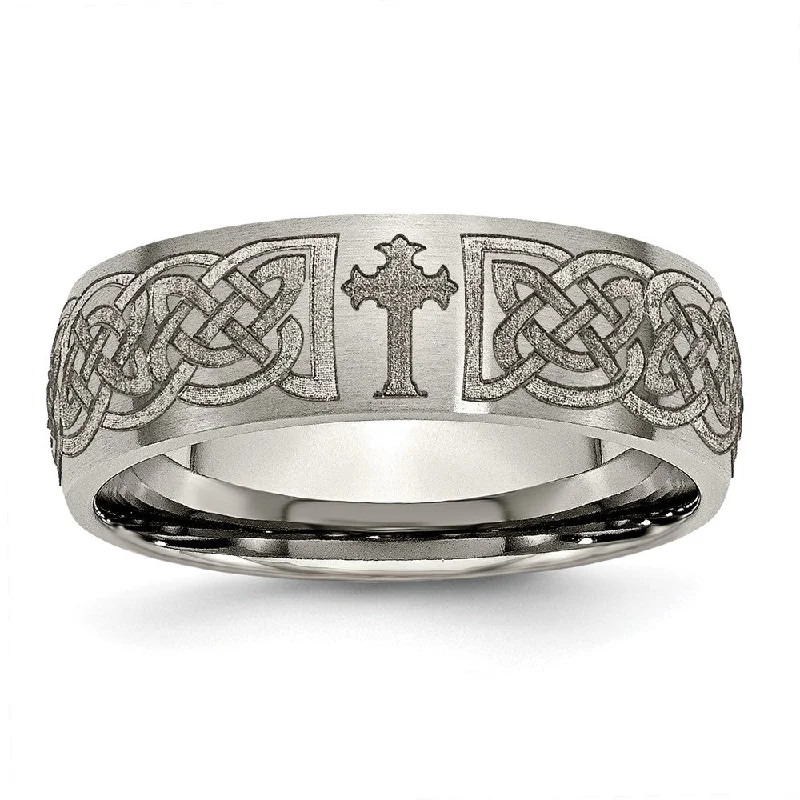 Ladies rings worldwide styles-8mm Titanium Etched & Brushed Celtic Cross Domed Standard Fit Band