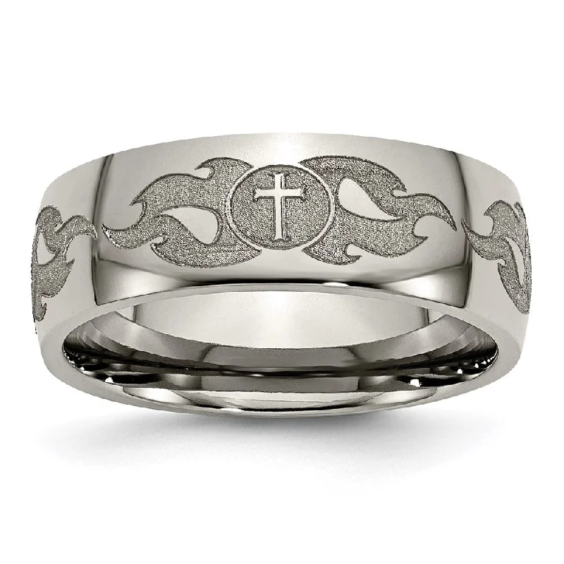 Ladies rings standout pieces-8mm Titanium Etched/Polished Cross & Flames Domed Standard Fit Band