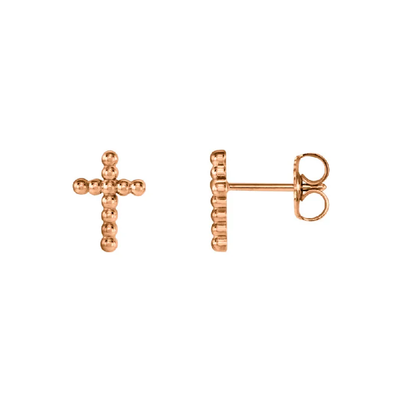 Ladies earrings light luxury-9mm Beaded Cross Post Earrings in 14k Rose Gold