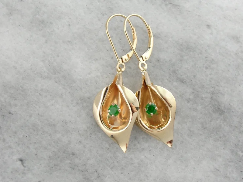 Ladies earrings pearl drops-Golden Calla Lily & Green Demantoid Garnet Flower Earrings