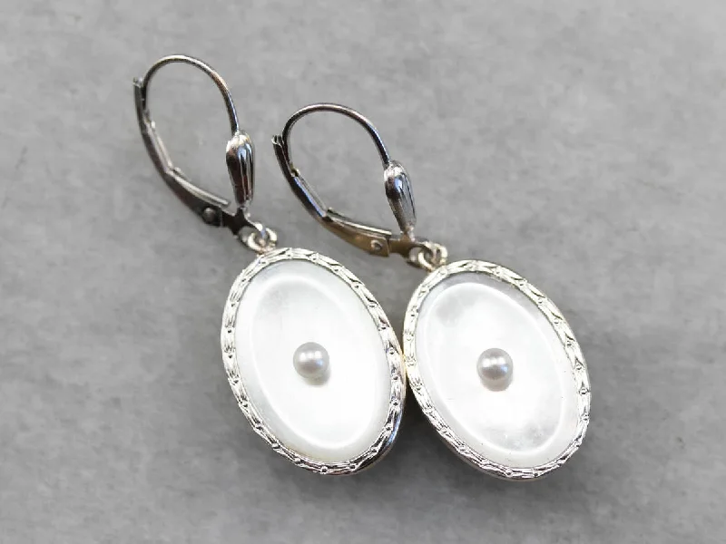 Ladies earrings celebrity trends-Retro Mother of Pearl and Seed Pearl Drop Earrings