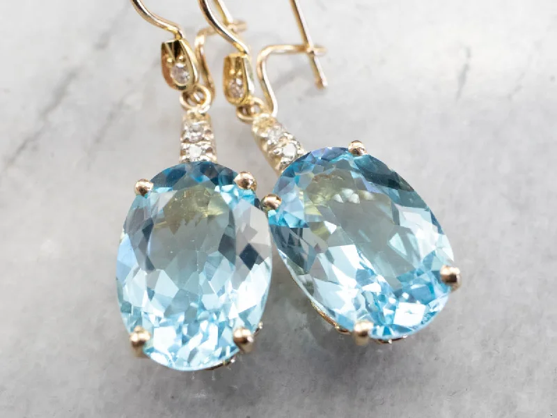 Ladies earrings Asian-inspired-Gold Blue Topaz and Diamond Drop Earrings