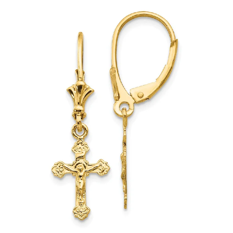 Ladies earrings buying tips-Polished Crucifix Lever Back Earrings in 14k Yellow Gold