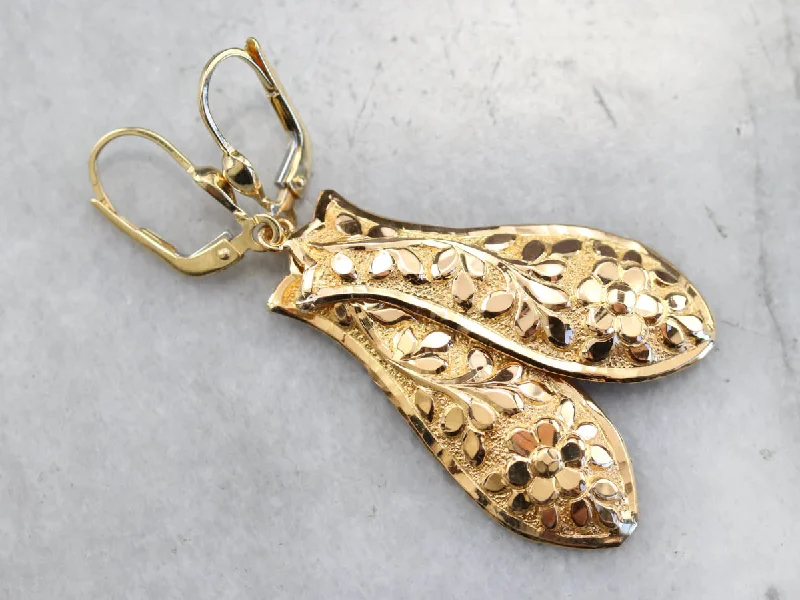 Ladies earrings Valentine’s styles-Vintage Yellow Gold Floral Drop Earrings