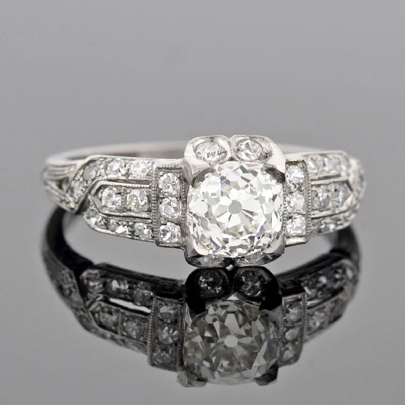 Ladies wedding rings durable choices-Art Deco Platinum Diamond Engagement Ring 1.05ct center