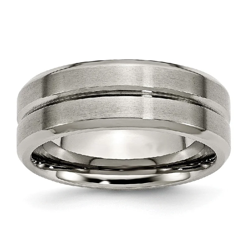 Ladies rings punk flair-Titanium 8mm Grooved And Beveled Edge Comfort Fit Band